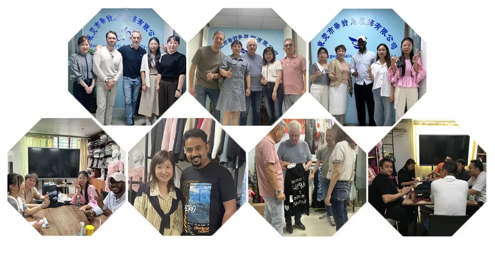 Buyers from Europe, North America, Asia and Africa visiting the Hualingniao factory in Dongguan — group photos in the showroom and fittings at the sample rail