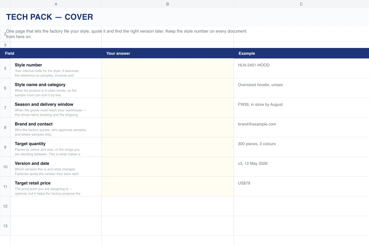 Cover sheet of the HLN tech pack template with style number, season, brand, contact and version fields